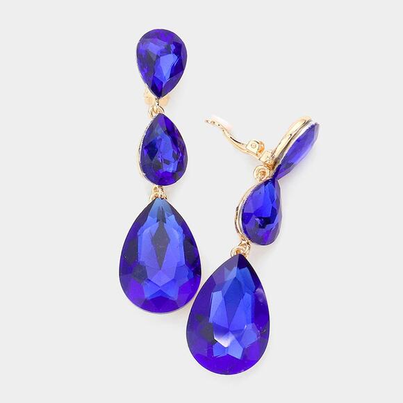 Clip on 3" long silver and royal blue graduated teardrop stone earrings - Picture 4 of 4
